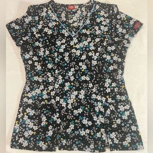 Dickies White and Teal Floral Scrub Top MED